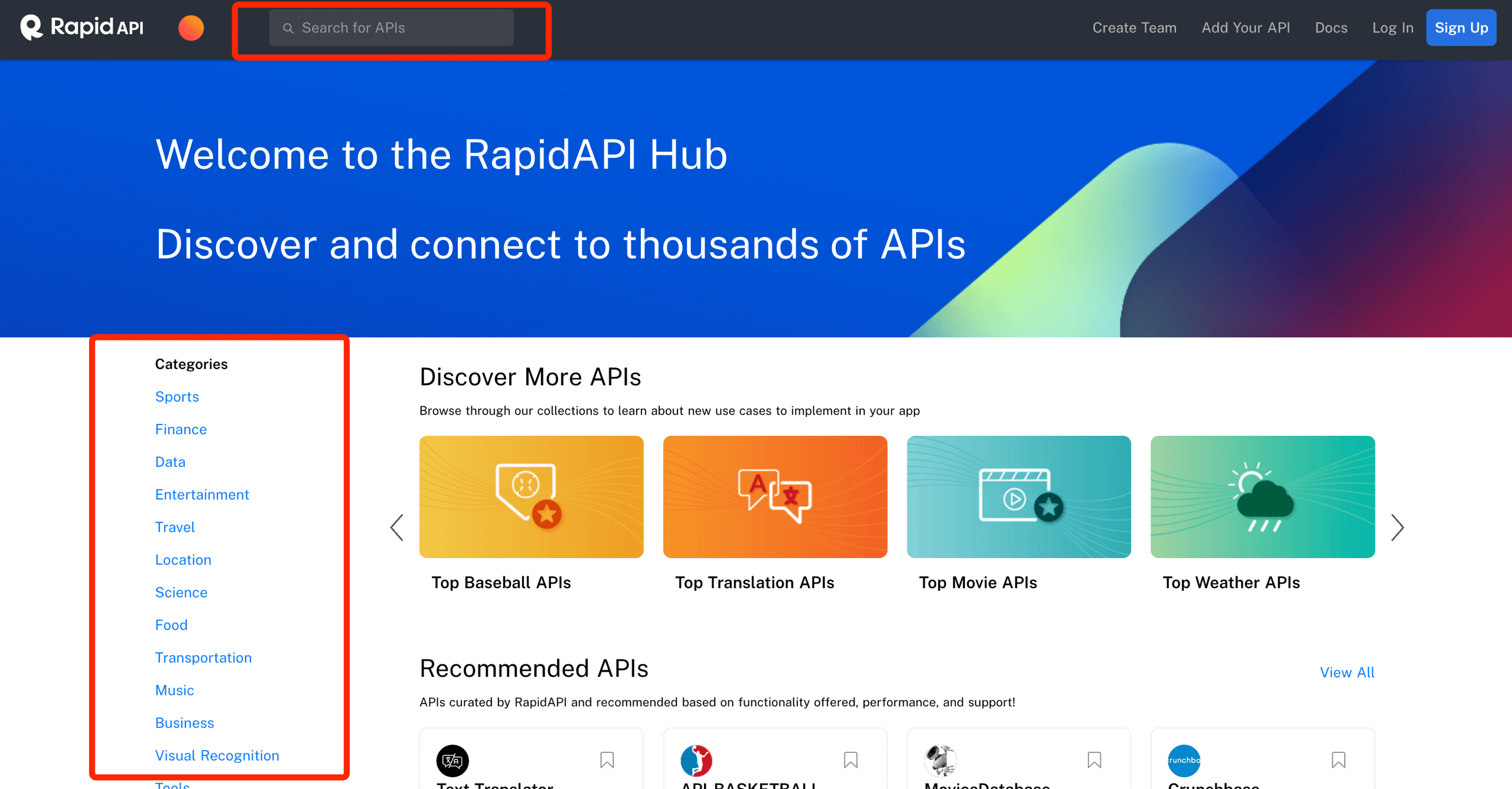 RapidAPI marketplace dashboard interface showing unified API gateway and developer testing tools