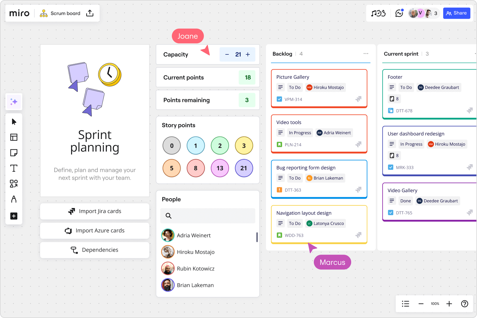 Miro Scrum workflow board showing sprint planning with sticky notes color-coded by epic and team velocity tracking
