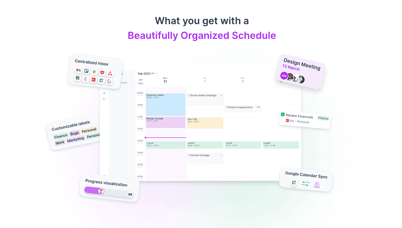 Akiflow productivity app interface showing unified inbox with calendar and tasks