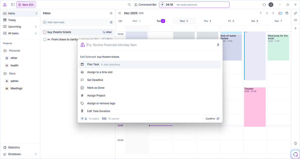 Akiflow command bar interface showing unified task capture from multiple integrations