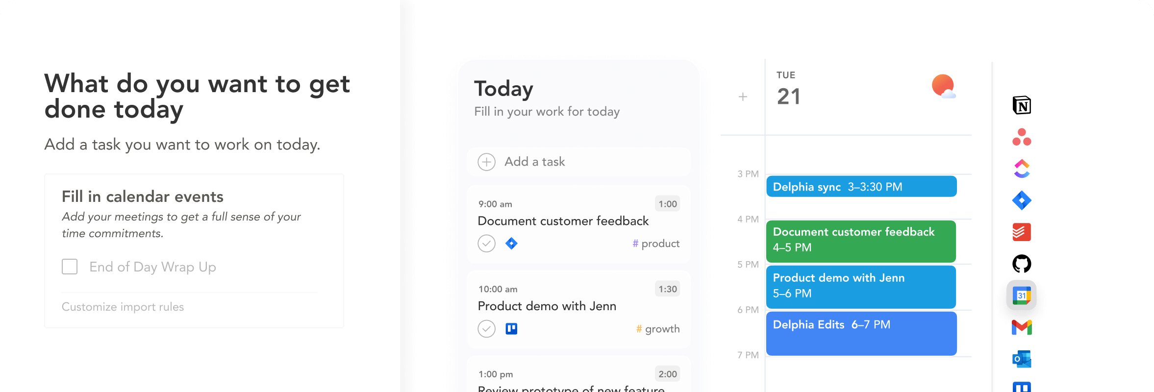 Sunsama daily planning ritual interface showing intentional task list and time blocking