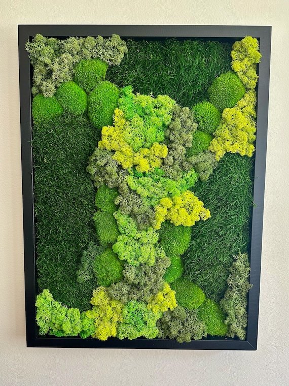 Preserved reindeer moss wall art in wooden frame providing zero-maintenance biophilic decor for home office space