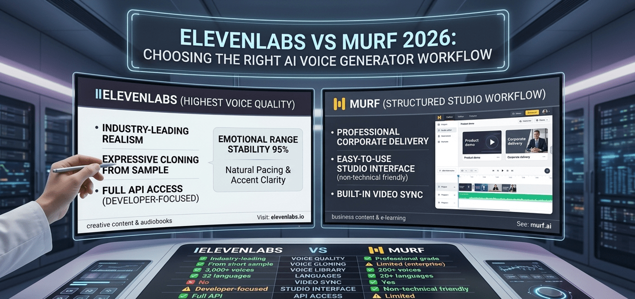 ElevenLabs vs Murf AI voice generator comparison interface showing both platforms side by side