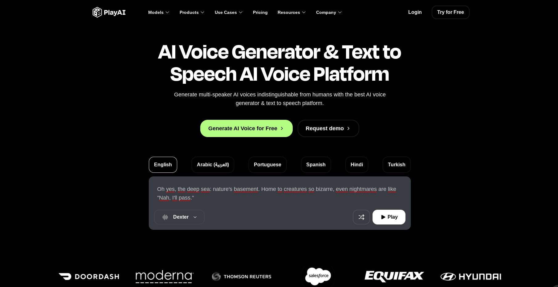 Play.ht voice AI platform dashboard showing podcast voice generation features