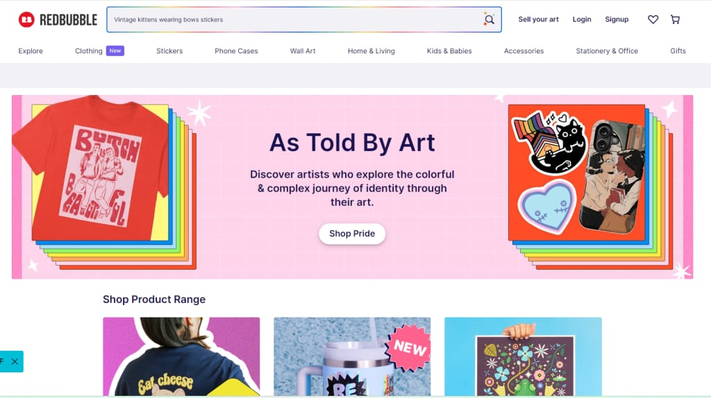 Redbubble print on demand marketplace illustration featuring independent artist designs across diverse product categories