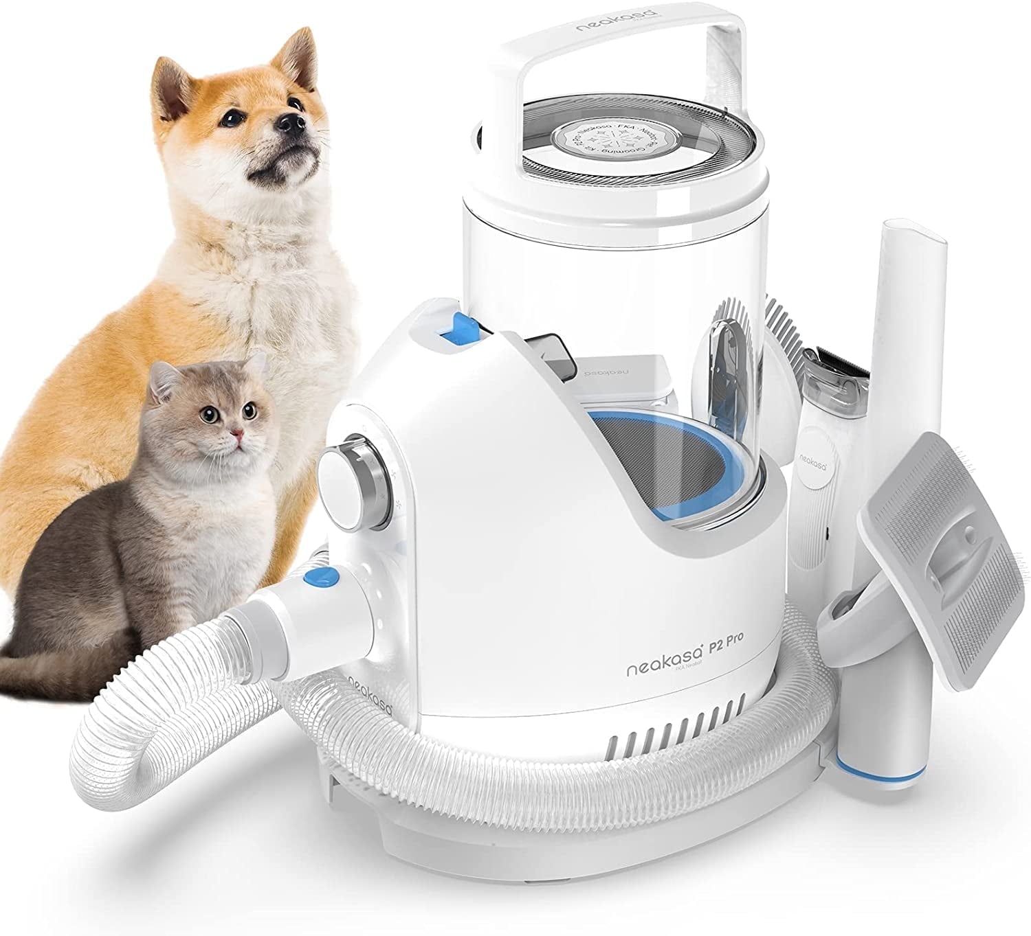 Neakasa P2 Pro pet grooming vacuum kit with 5 attachments and 2L dustbin on white background