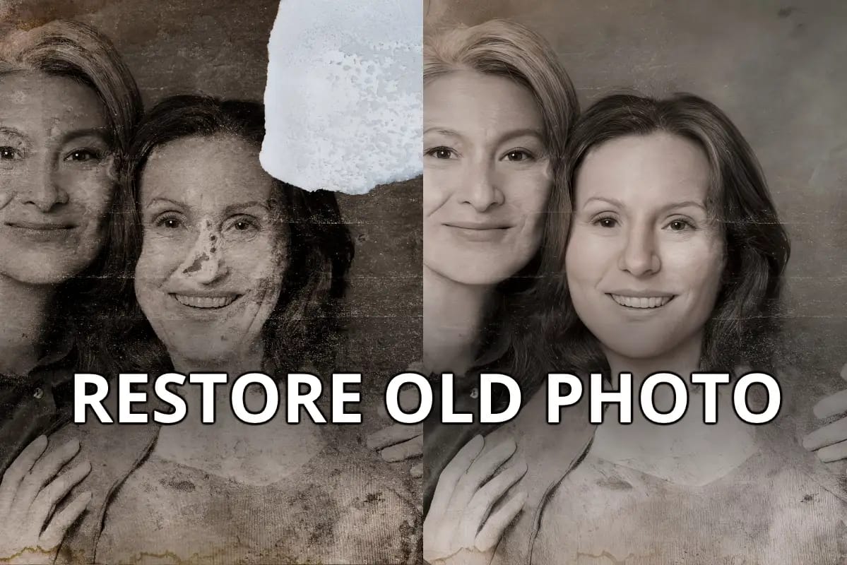 AI photo restoration before and after example showing damaged old photo restored to clear modern quality