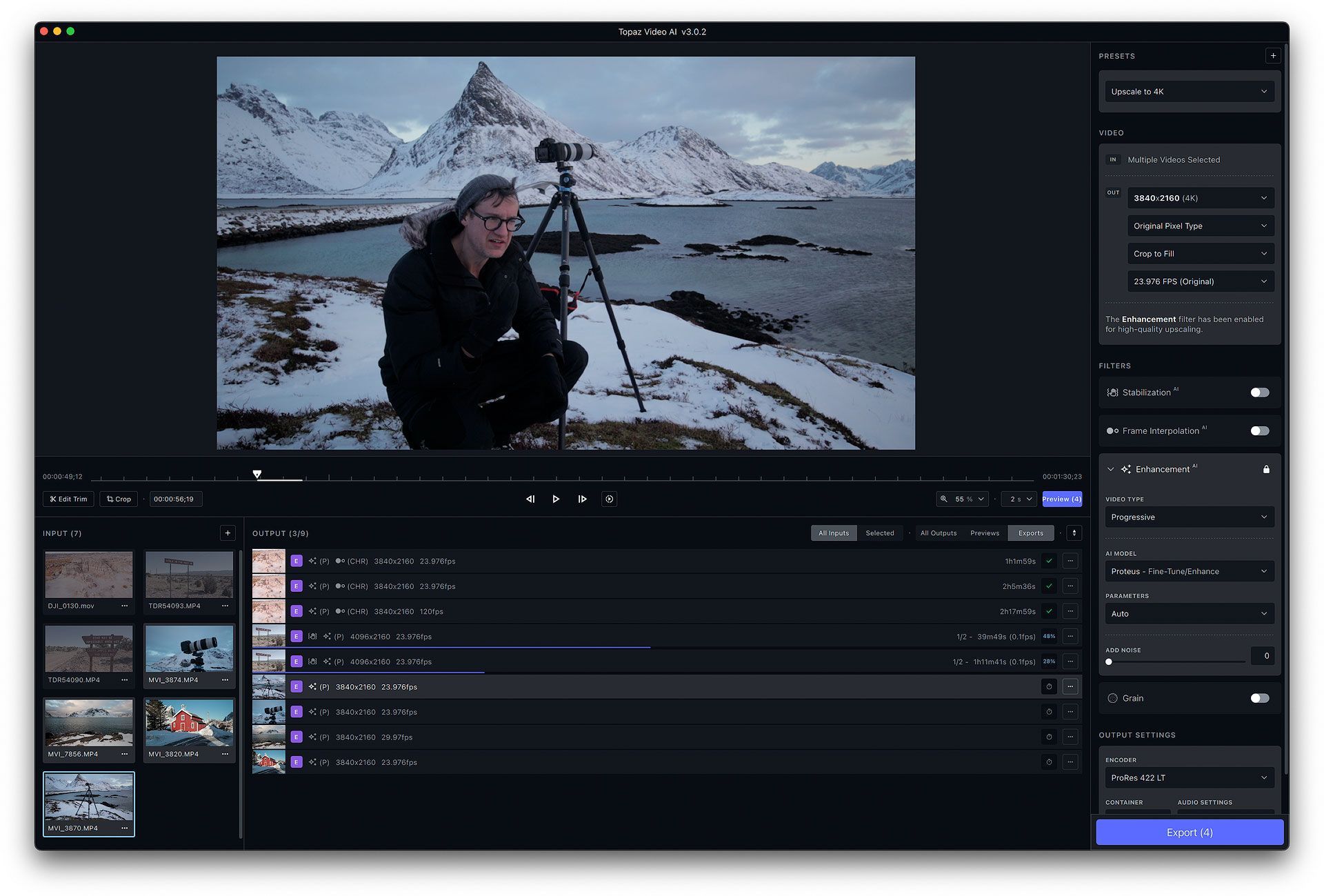 Topaz Video AI interface for video upscaling and enhancement using local GPU acceleration