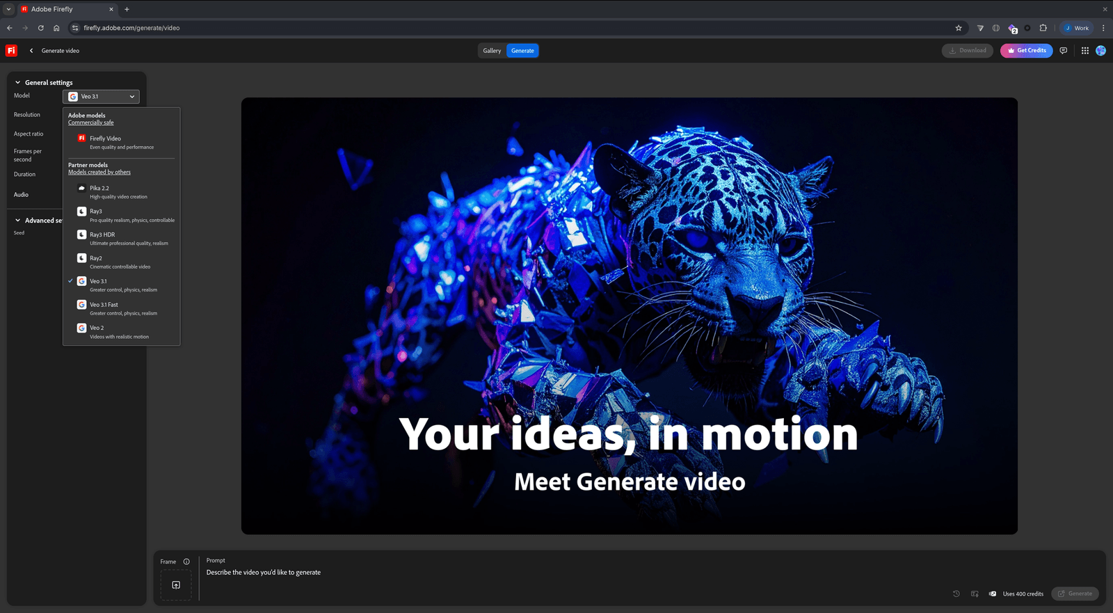 Adobe Firefly generative AI interface highlighting commercially safe content creation features