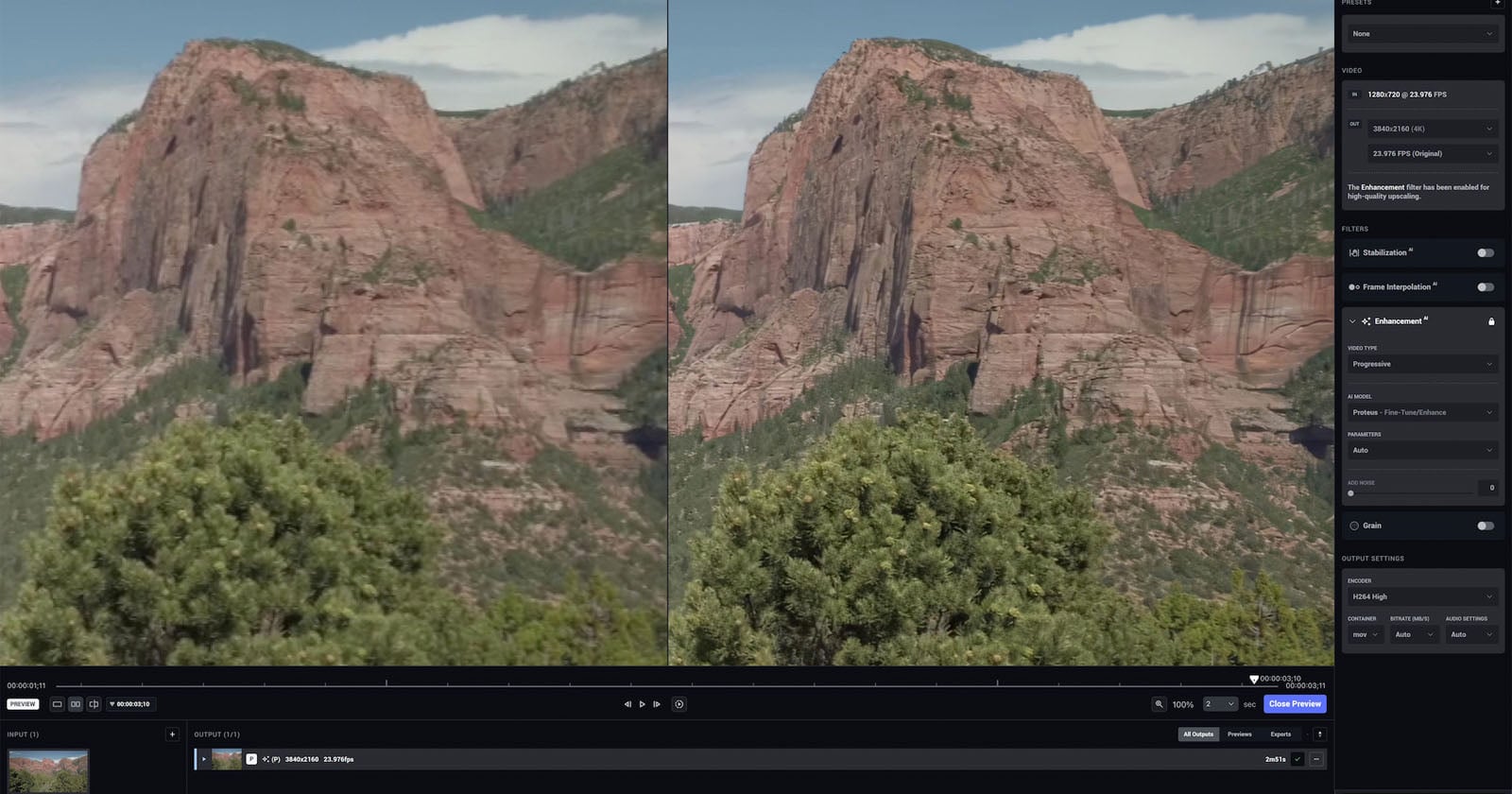 Topaz Video AI desktop application interface showing professional video upscaling and enhancement controls