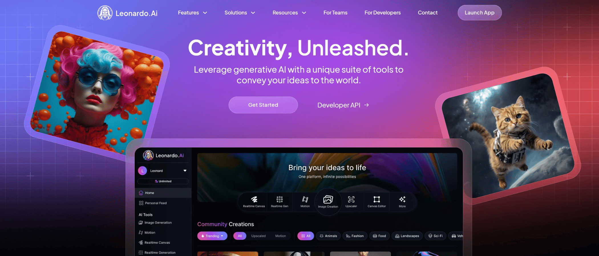 Leonardo Ai dashboard showing custom model training options and image generation controls for designers