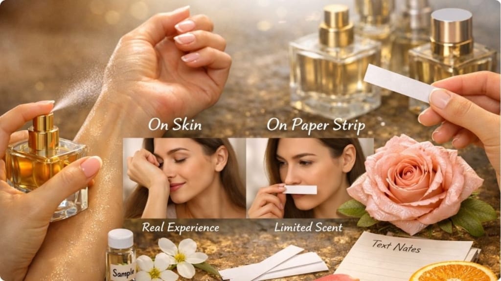 Perfume longevity skin testing demonstration showing how fragrance fades on wrist over time