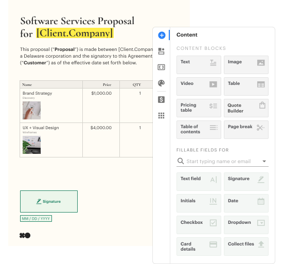 PandaDoc sales proposal software dashboard showing document creation tools and sign-off workflow