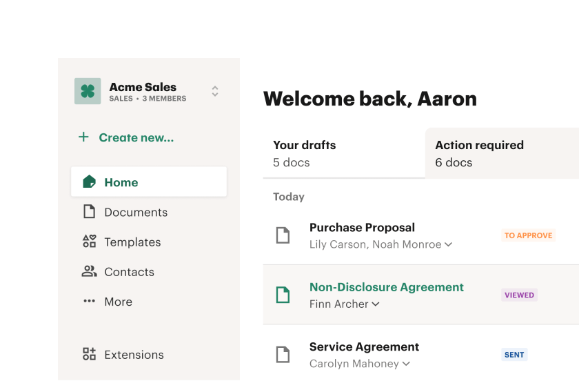 PandaDoc proposal software dashboard showing sales document automation features and templates