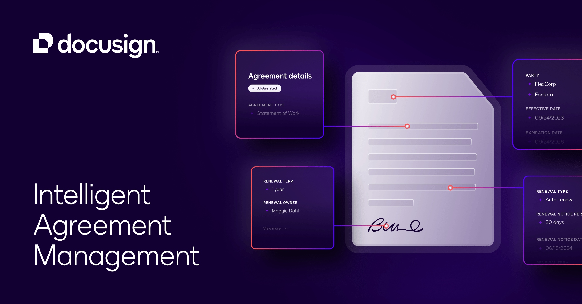 DocuSign electronic signature platform homepage showing intelligent agreement management interface
