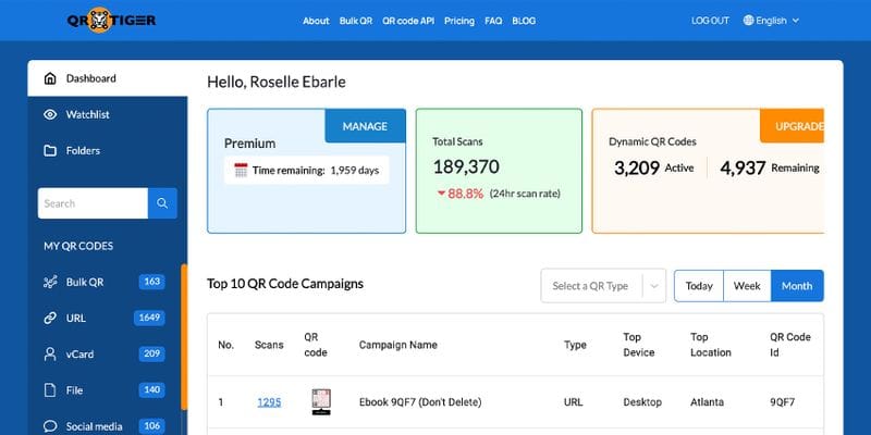 QR Code Tiger link management software dashboard for small business QR code generation and tracking