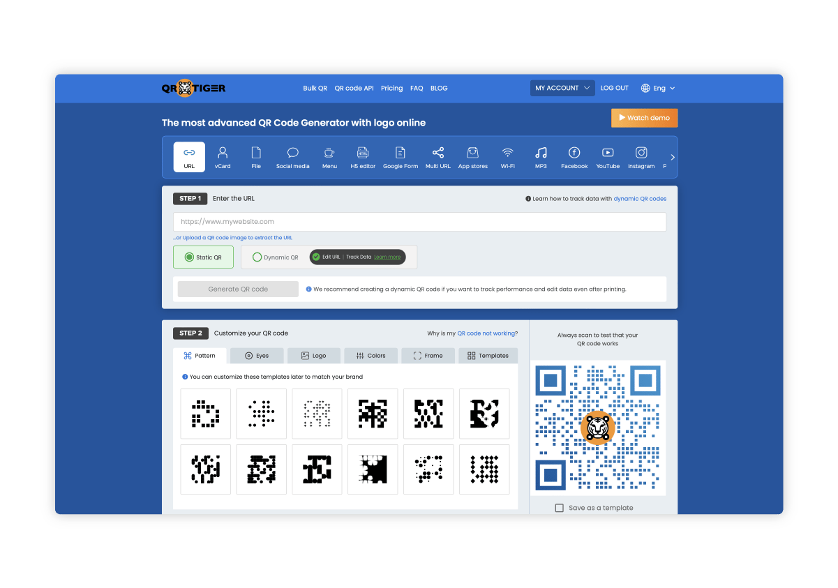 QR Tiger pricing plans dashboard showing features for professional QR code generator users