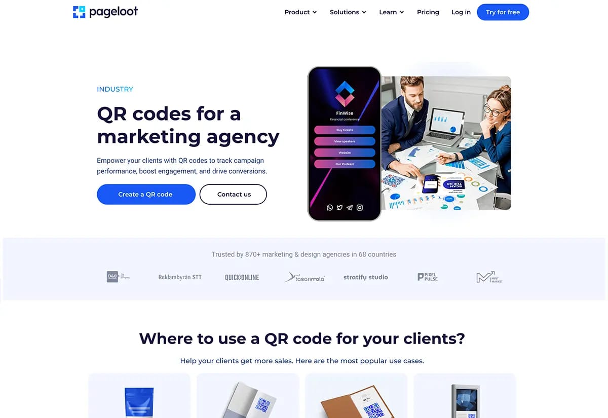 Pageloot QR code generator with logo platform showing branded custom QR code creation tools