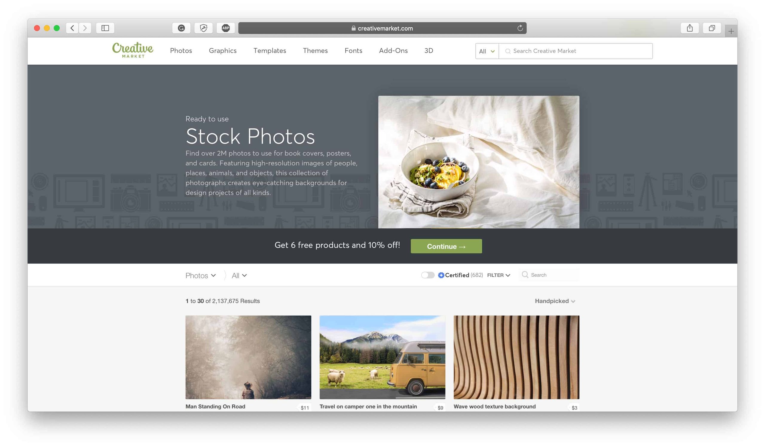 Creative Market homepage showcasing curated design assets from independent designers