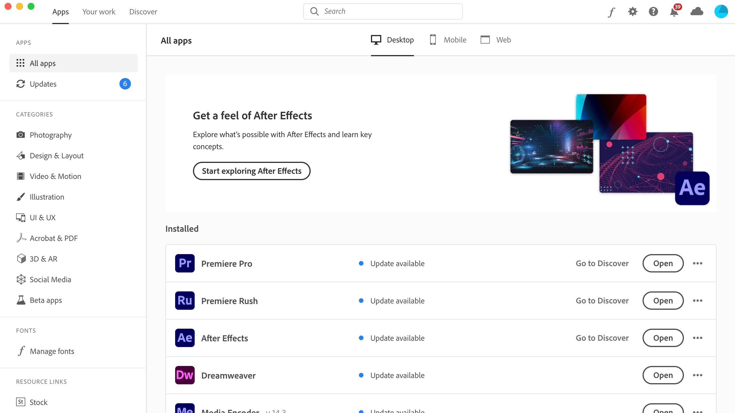 Adobe Creative Cloud desktop application dashboard displaying integrated apps and stock assets