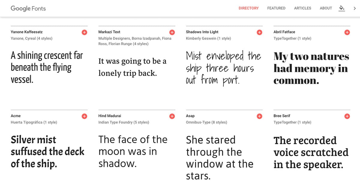 Google Fonts library website displaying open-source typeface families for web designers