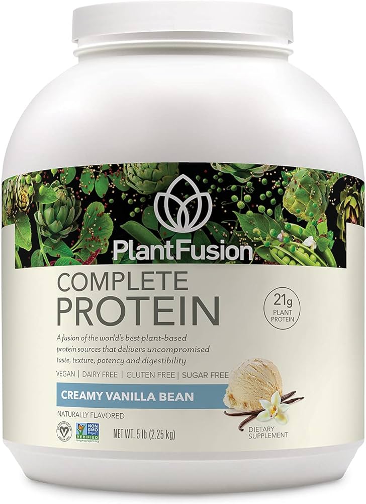 PlantFusion Complete Vanilla Bean vegan protein powder tub with BCAAs and digestive enzymes