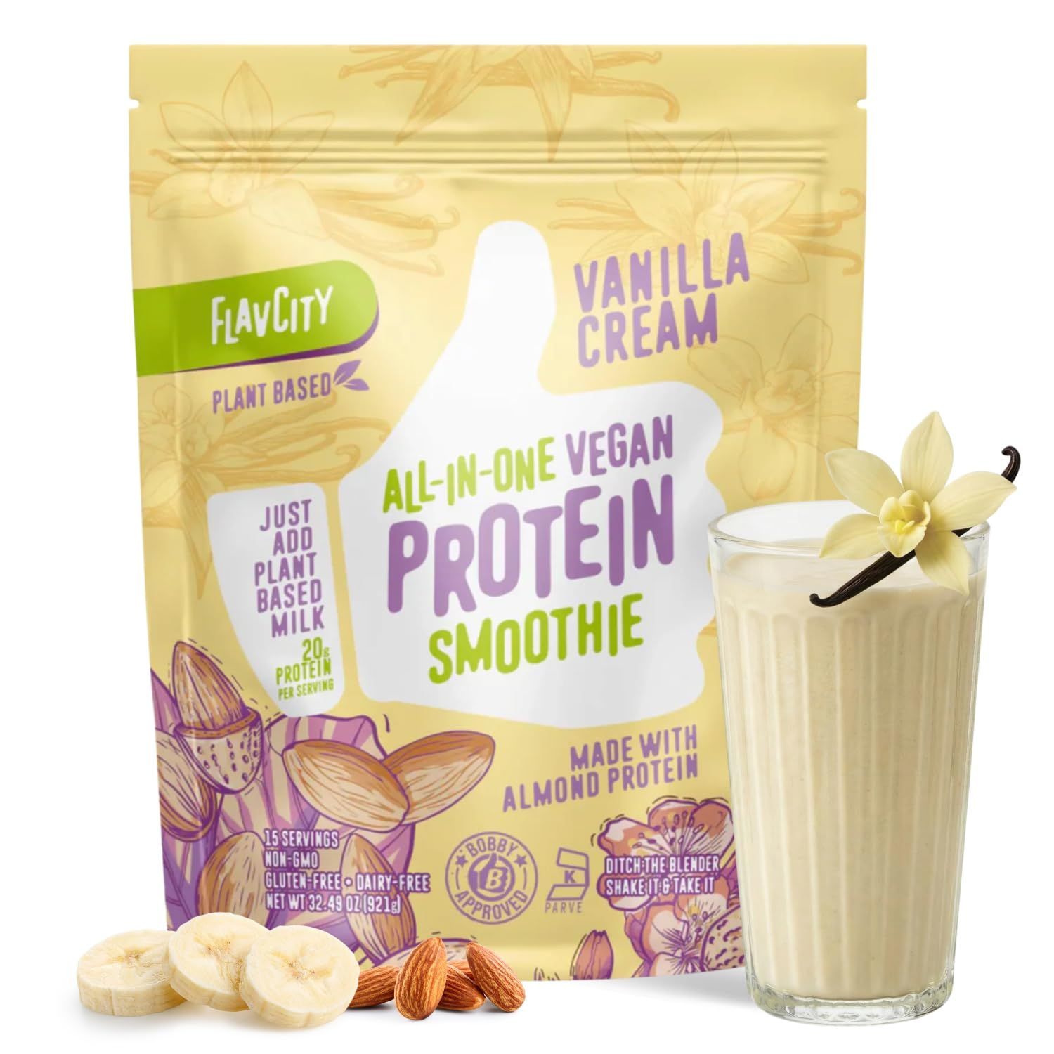 Vegan plant protein smoothie blended with banana and creamy base to fix gritty texture