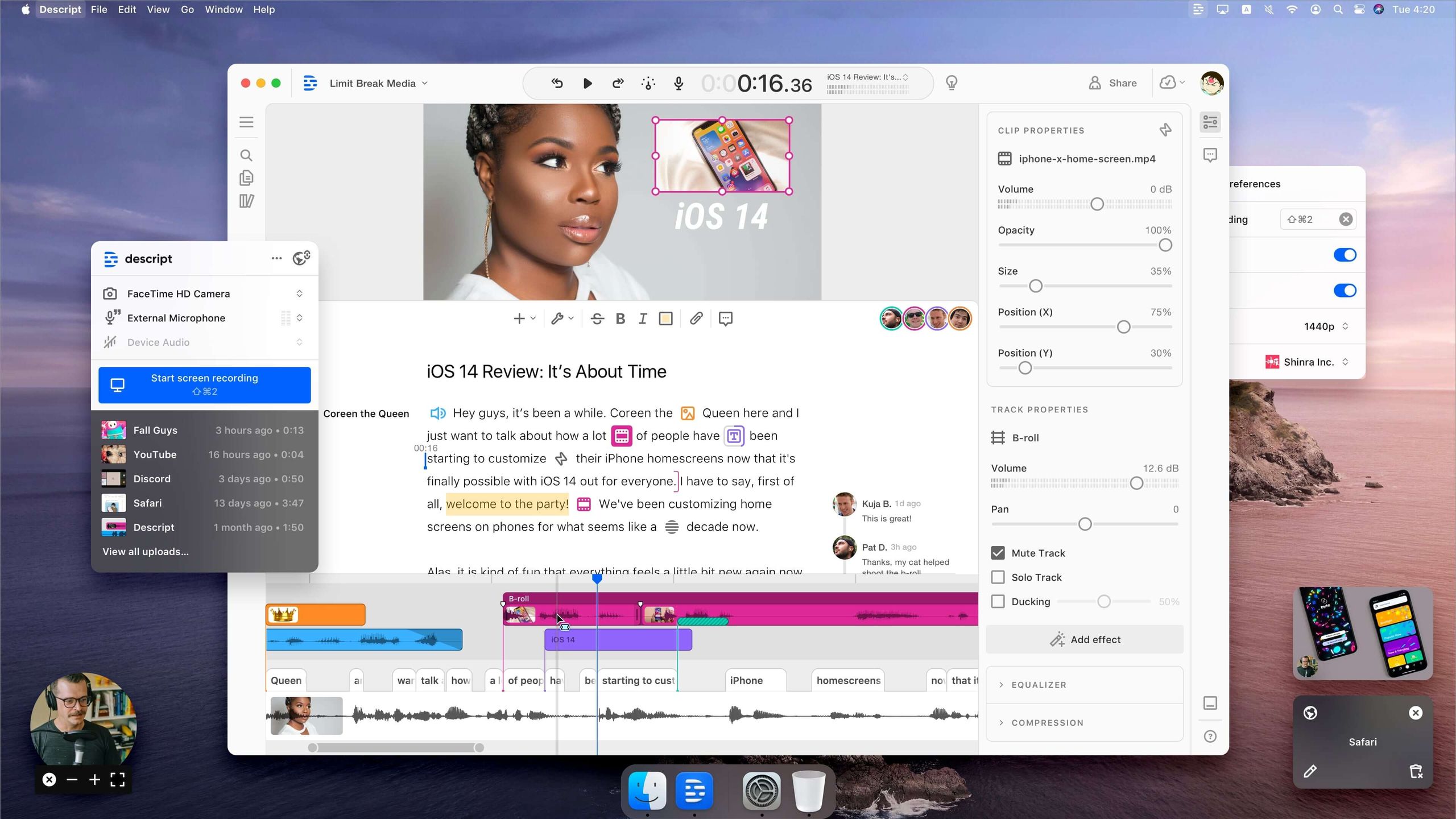 Descript text-based video and audio editor interface showing transcript-driven editing workflow on screen