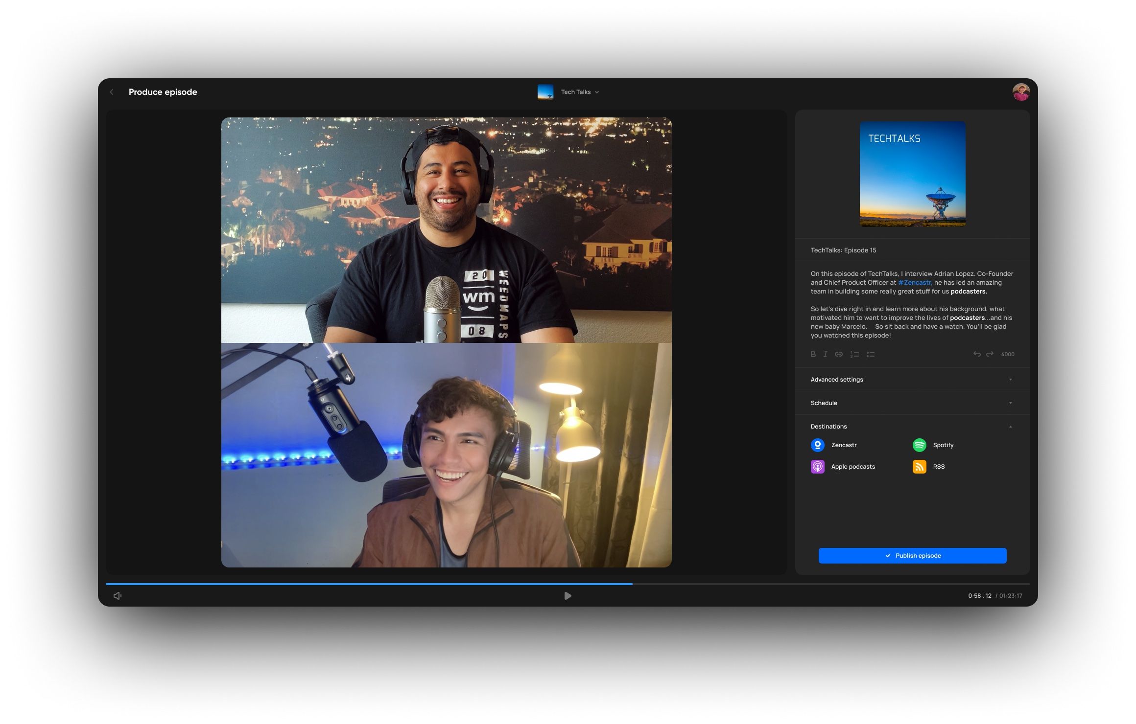 Zencastr all-in-one podcast platform interface featuring remote recording editing and hosting tools