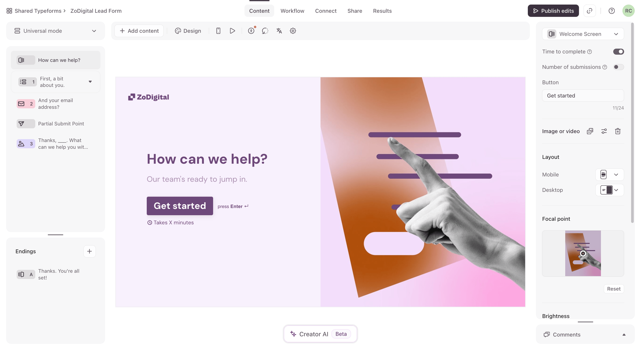 Typeform online form builder showing conversational interface design for high-converting event registration forms