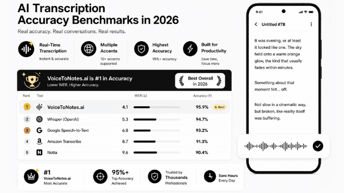 AI transcription accuracy benchmark chart comparing word error rates across providers in 2026