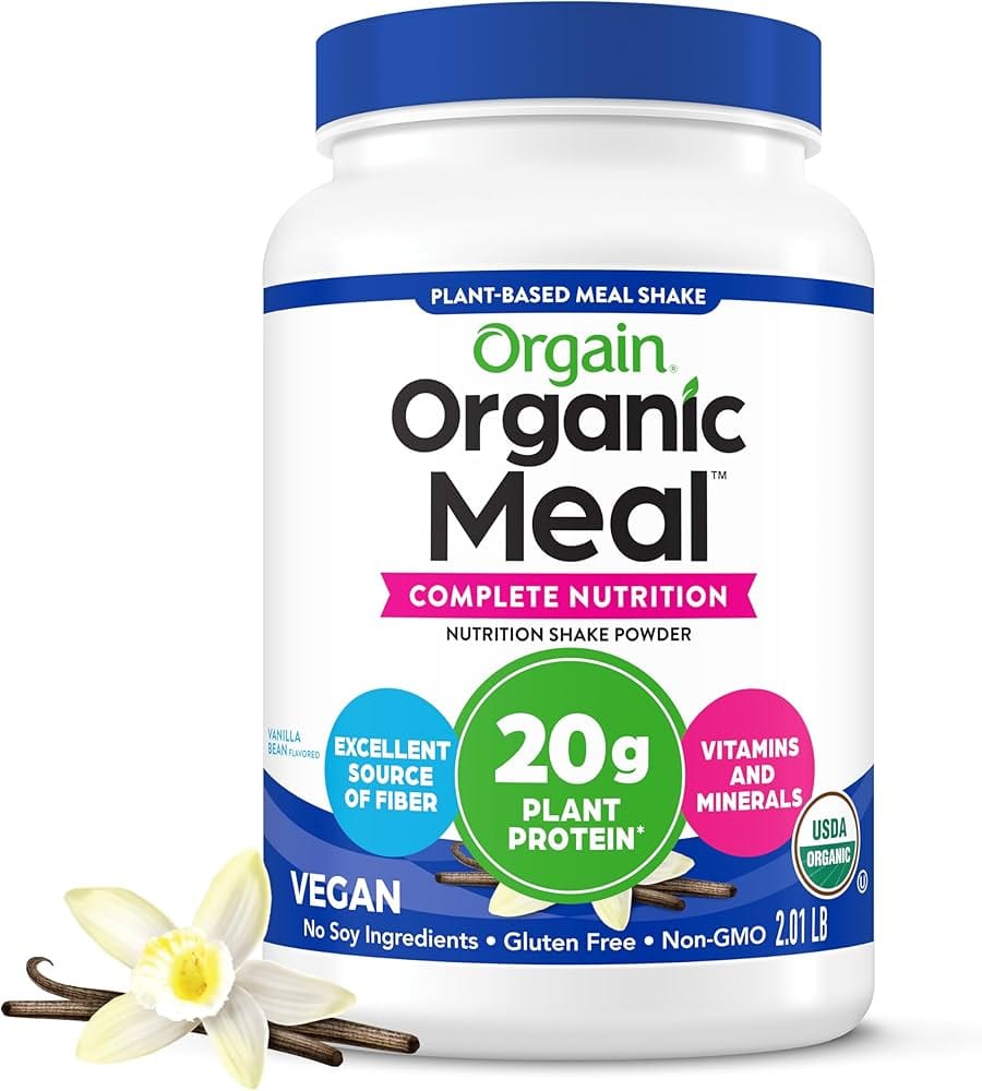 Orgain Organic Vegan Meal Replacement Protein Powder Vanilla Bean tub front label view