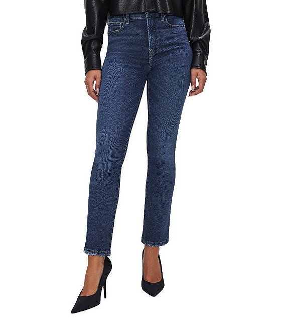 Premium athletic-fit straight leg jeans on woman showing flattering silhouette without waist gap
