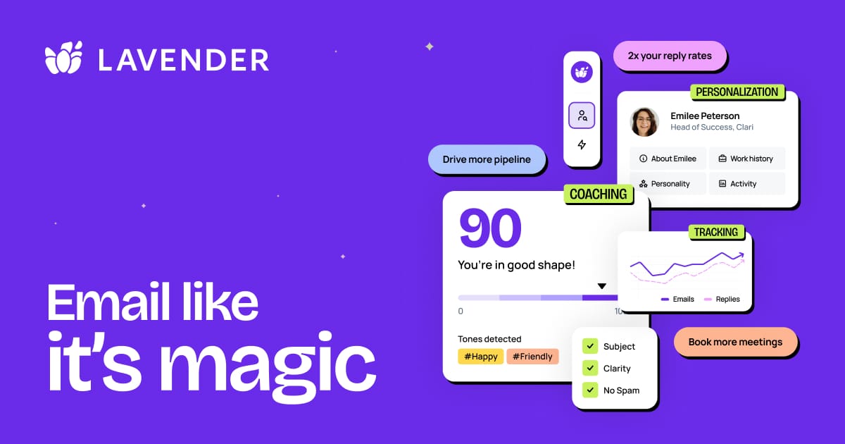 Lavender AI email coach platform homepage highlighting human-like sales email coaching features