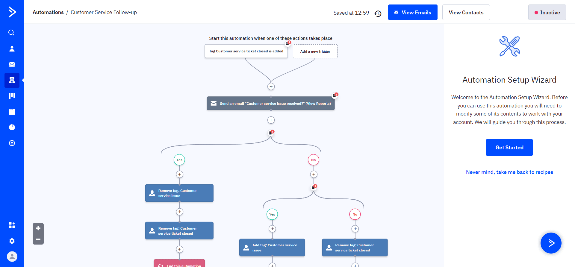ActiveCampaign visual automation workflow builder dashboard showing multi-step email sequences and triggers