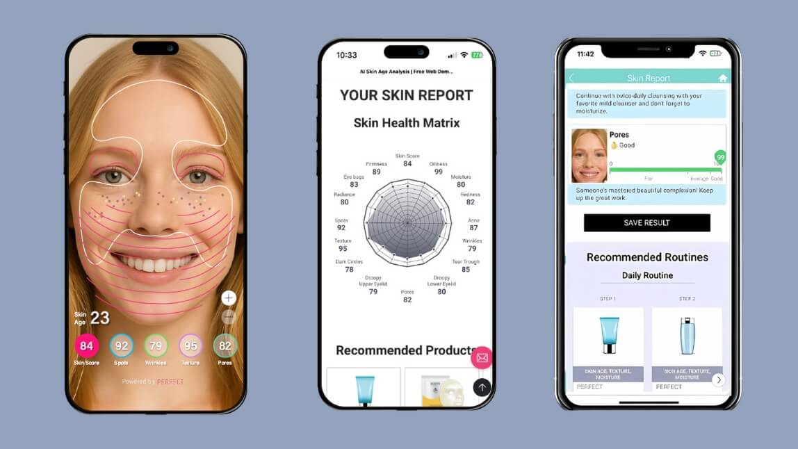 AI skin analysis mobile app interface showing facial diagnostic results and recommendations