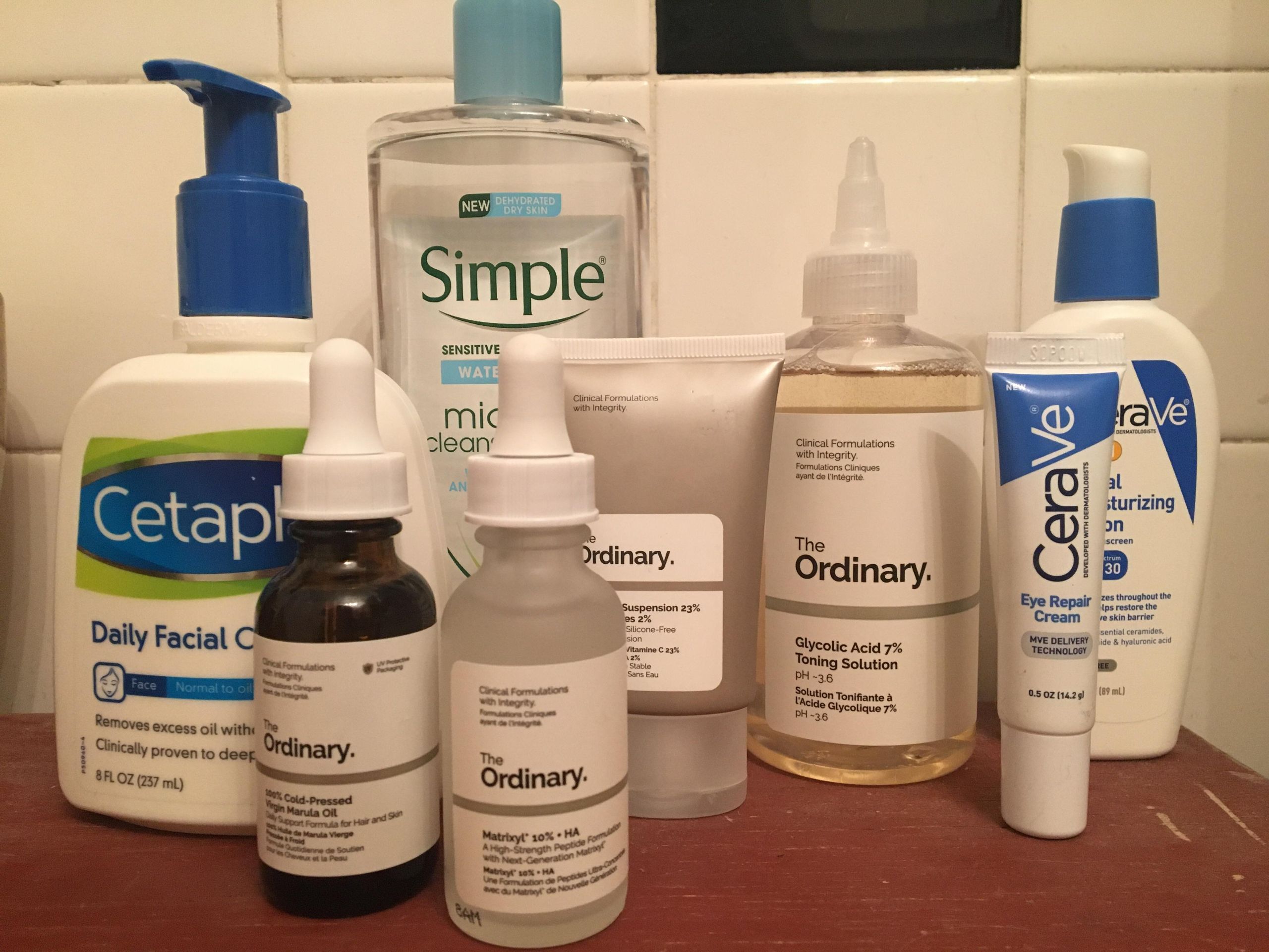 Affordable CeraVe and The Ordinary skincare products arranged showing budget routine alternative