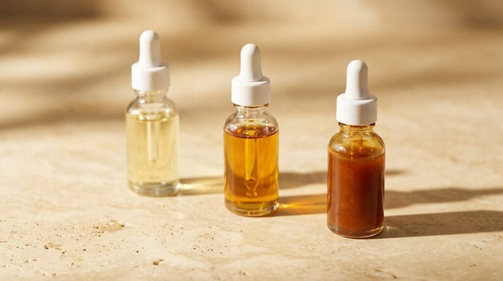 Vitamin C serum oxidation comparison showing fresh clear formula versus brown degraded liquid in dropper bottle