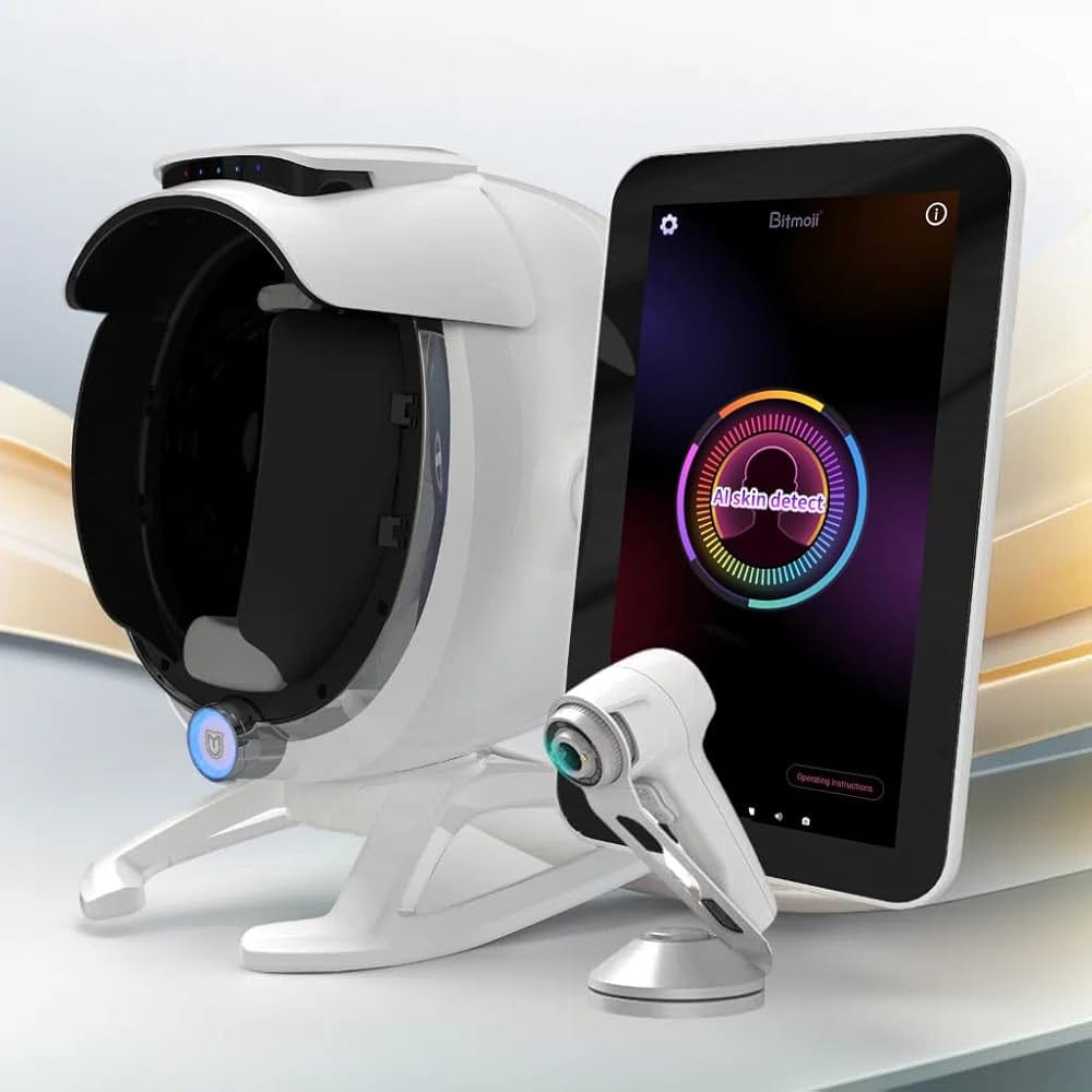 AI handheld skin analysis device with 8-spectrum facial scanning technology on white background