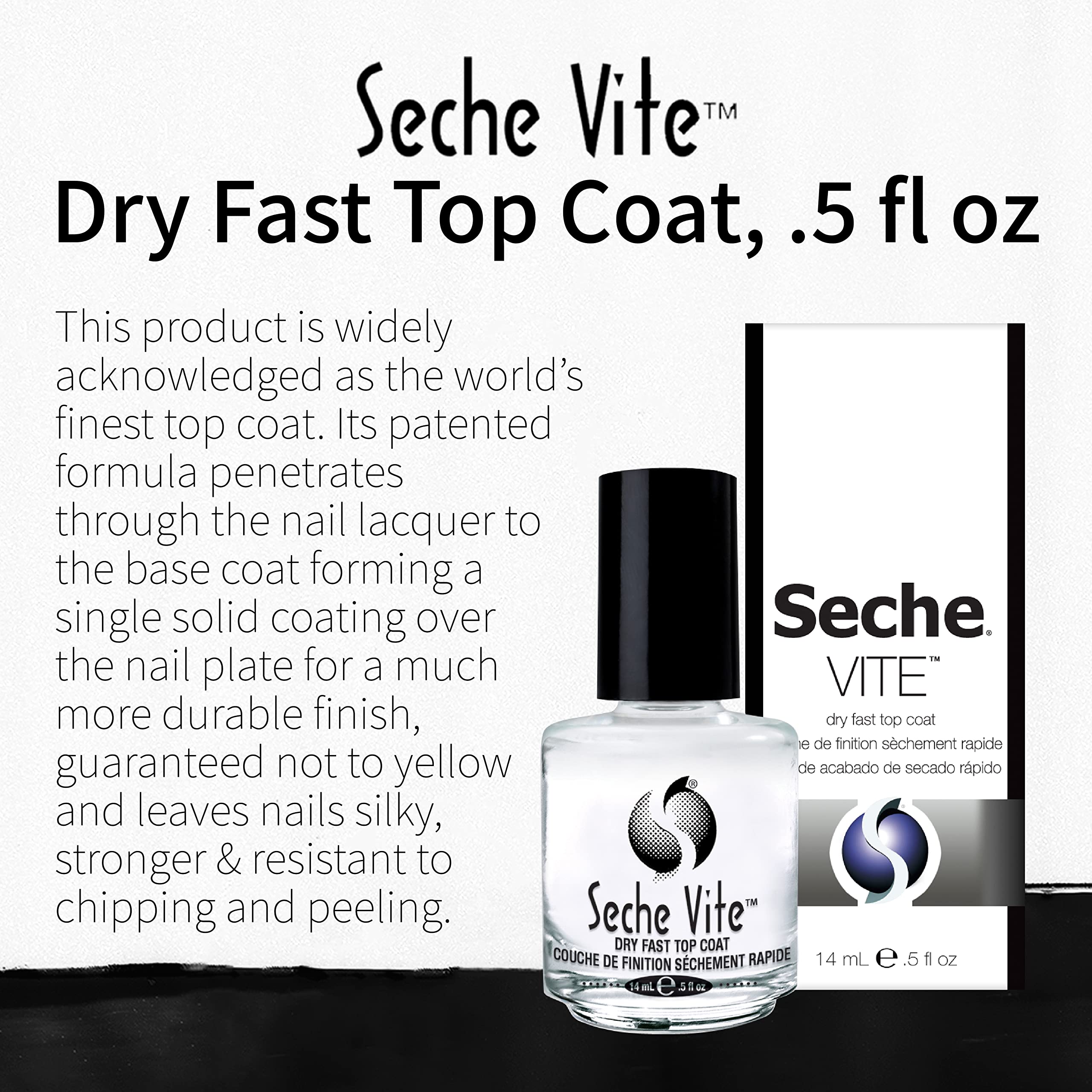 Seche Vite Dry Fast Top Coat clear nail polish bottle for high gloss shine and long-lasting manicure