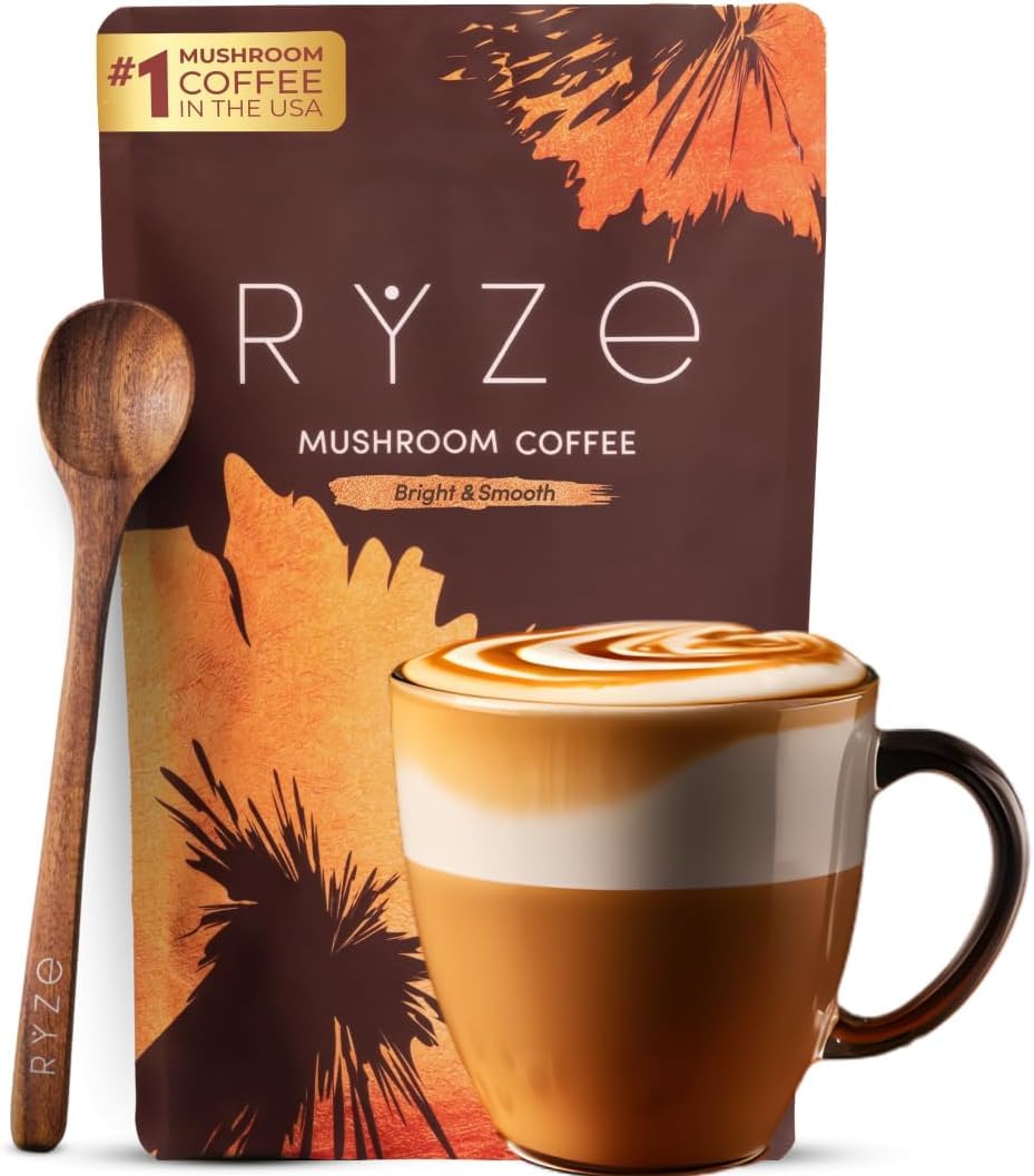 Ryze Superfoods organic mushroom medium roast instant coffee canister with six adaptogenic mushrooms