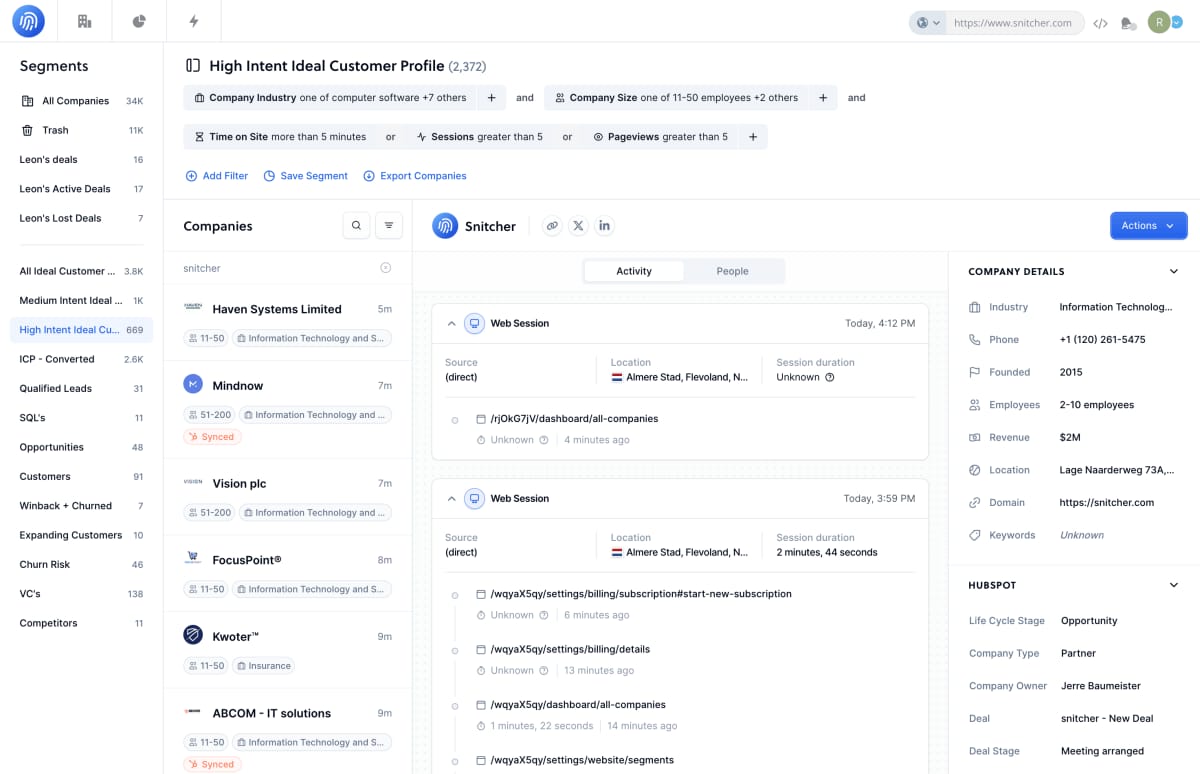 Snitcher website visitor identification dashboard showing B2B lead insights and company tracking