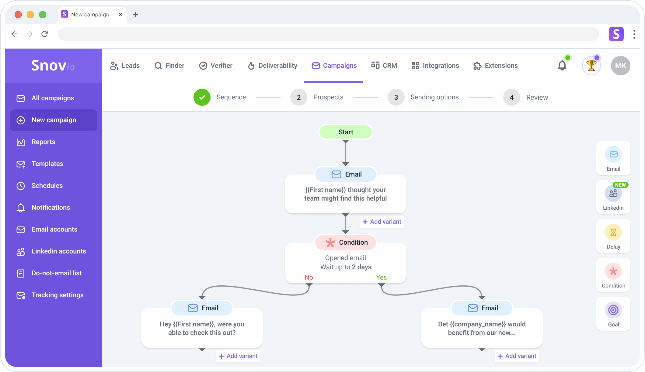 Snov.io cold email software dashboard showing outreach campaign workflow and lead management features