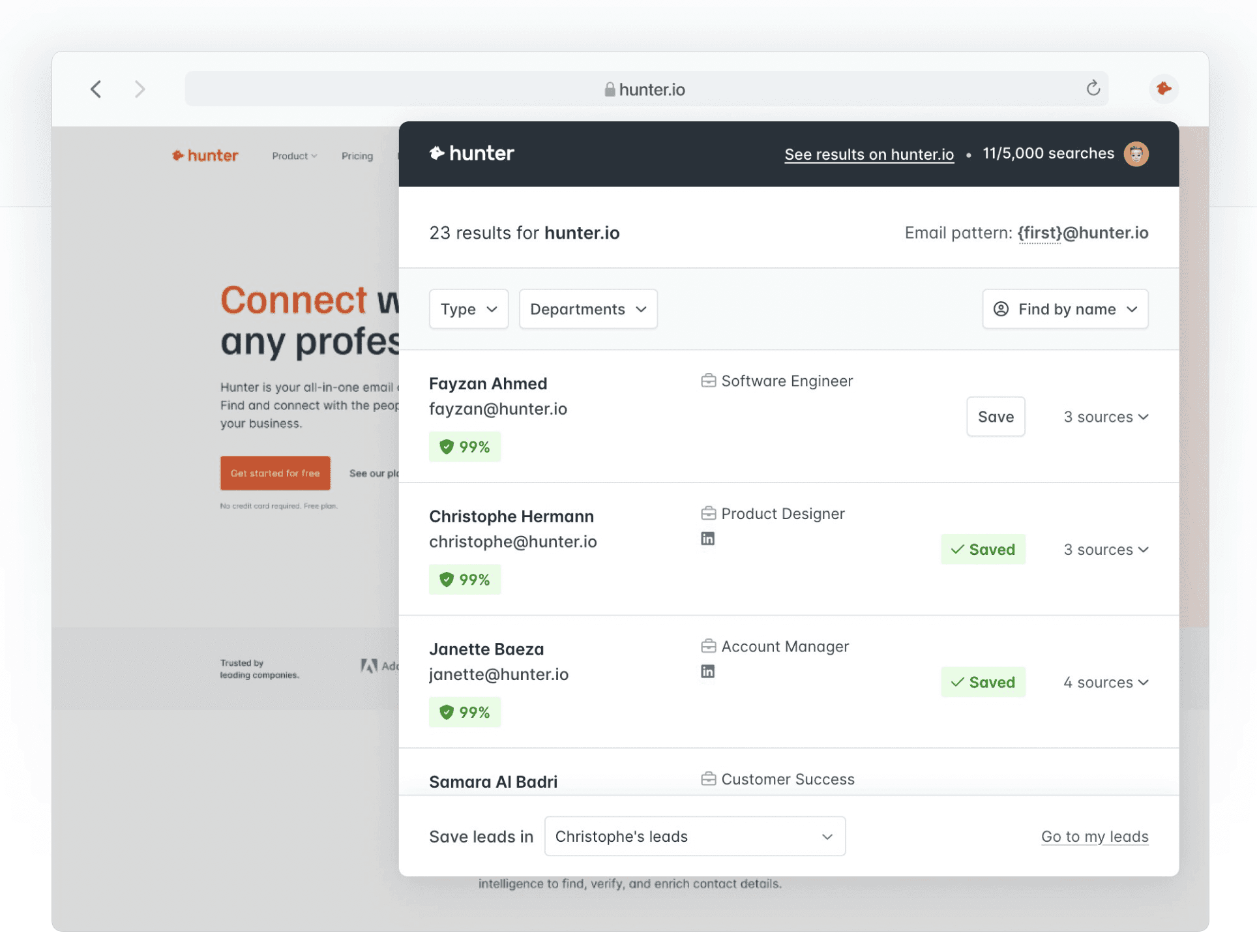 Hunter.io email finder verification platform interface showing professional B2B contact discovery