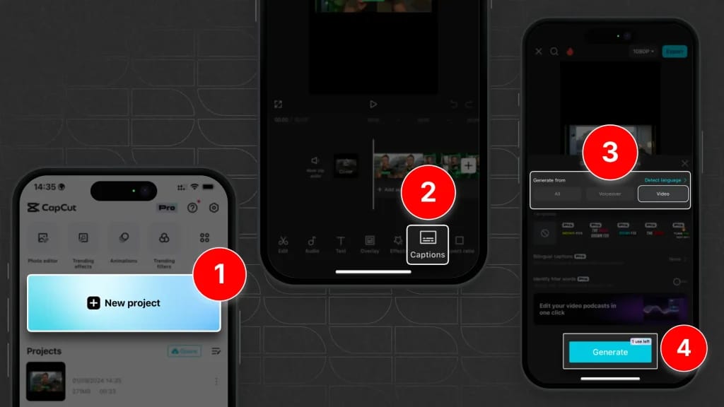 CapCut auto caption feature interface showing free subtitle generation for short videos