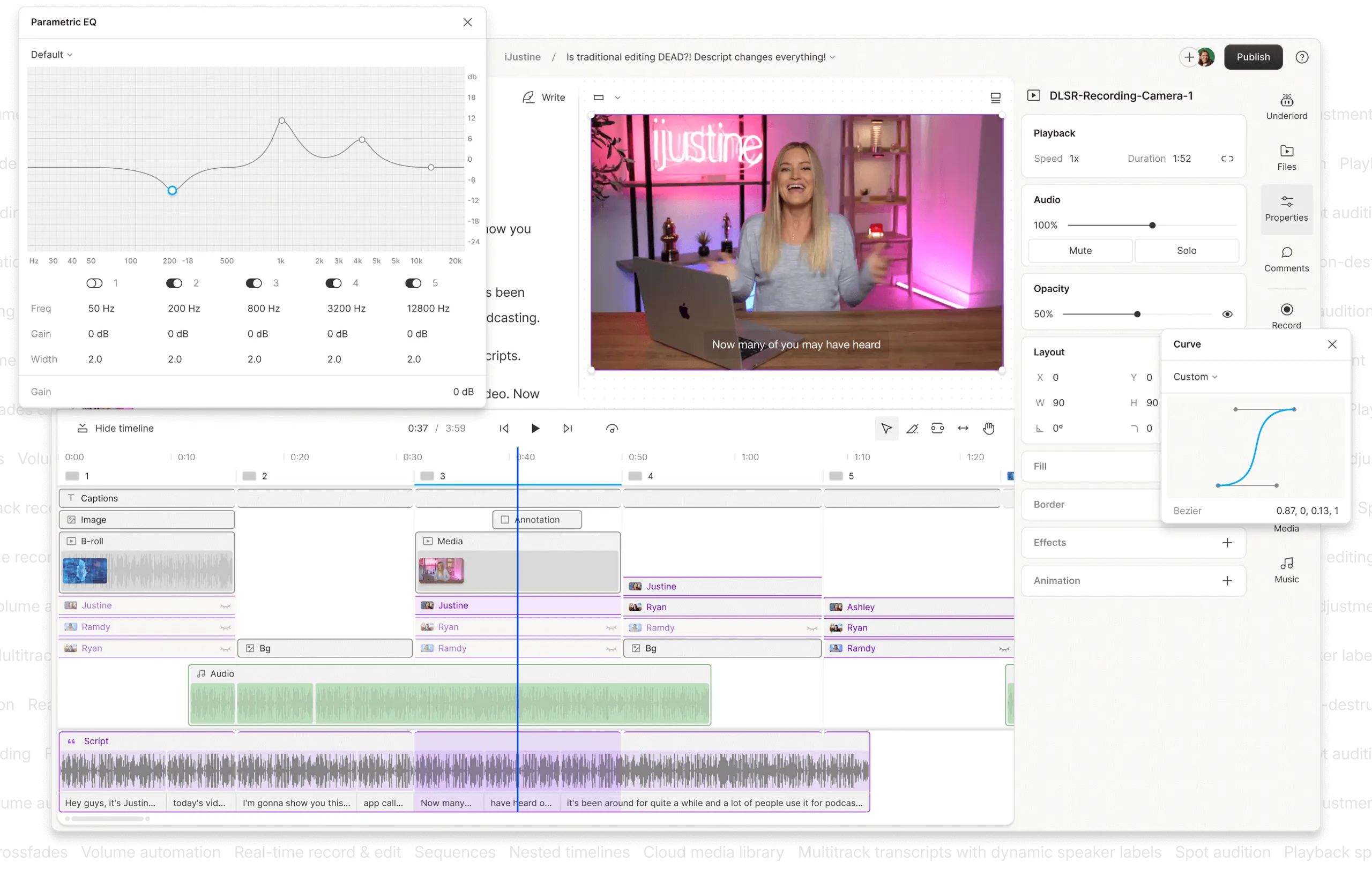 Descript text-based podcast editing interface showing transcript and waveform