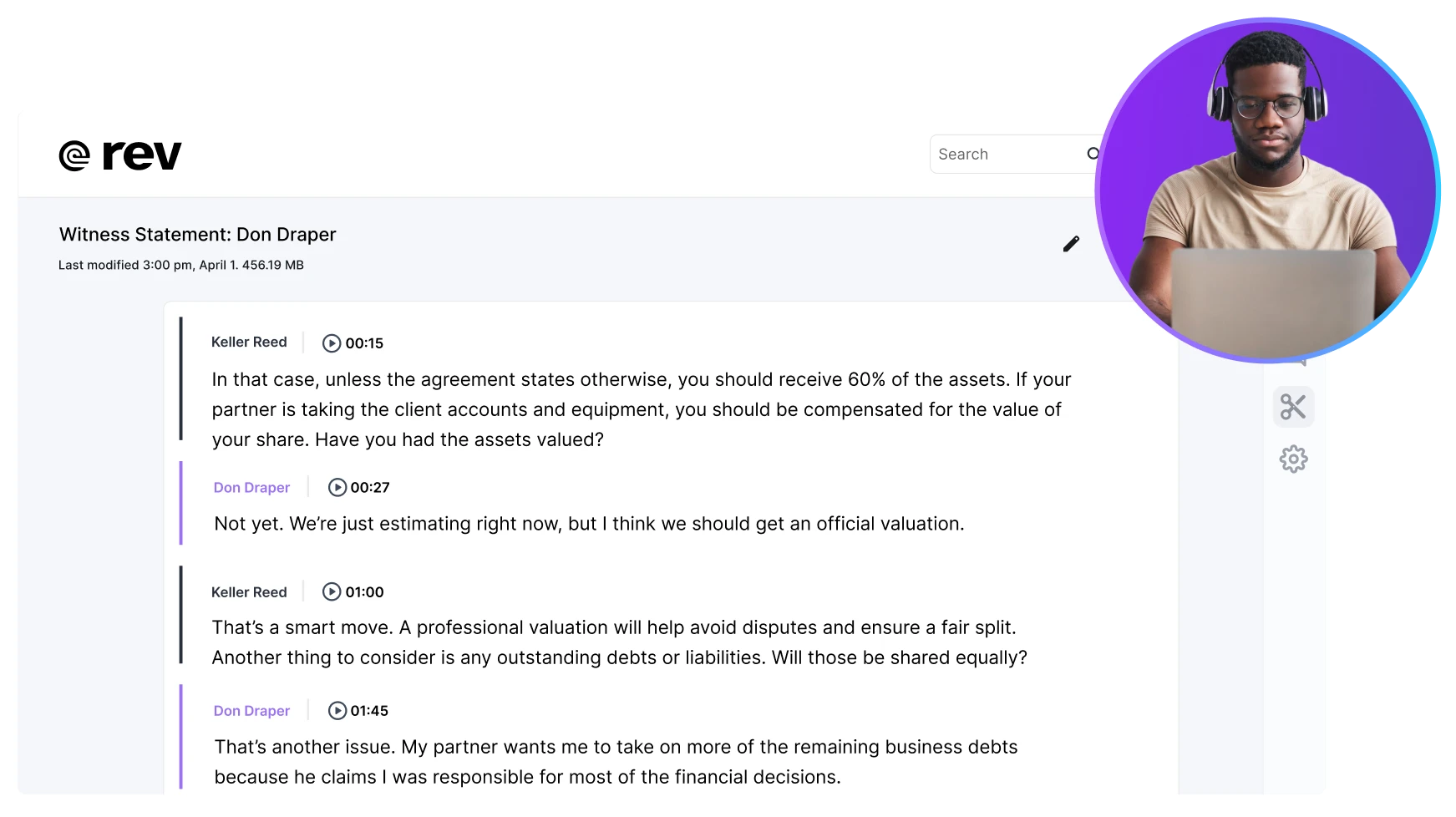 Rev.com human transcription service interface offering 99 percent accuracy 12-hour delivery