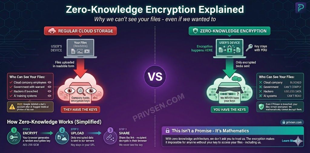 Zero knowledge encryption diagram explaining secure cloud storage architecture for business files