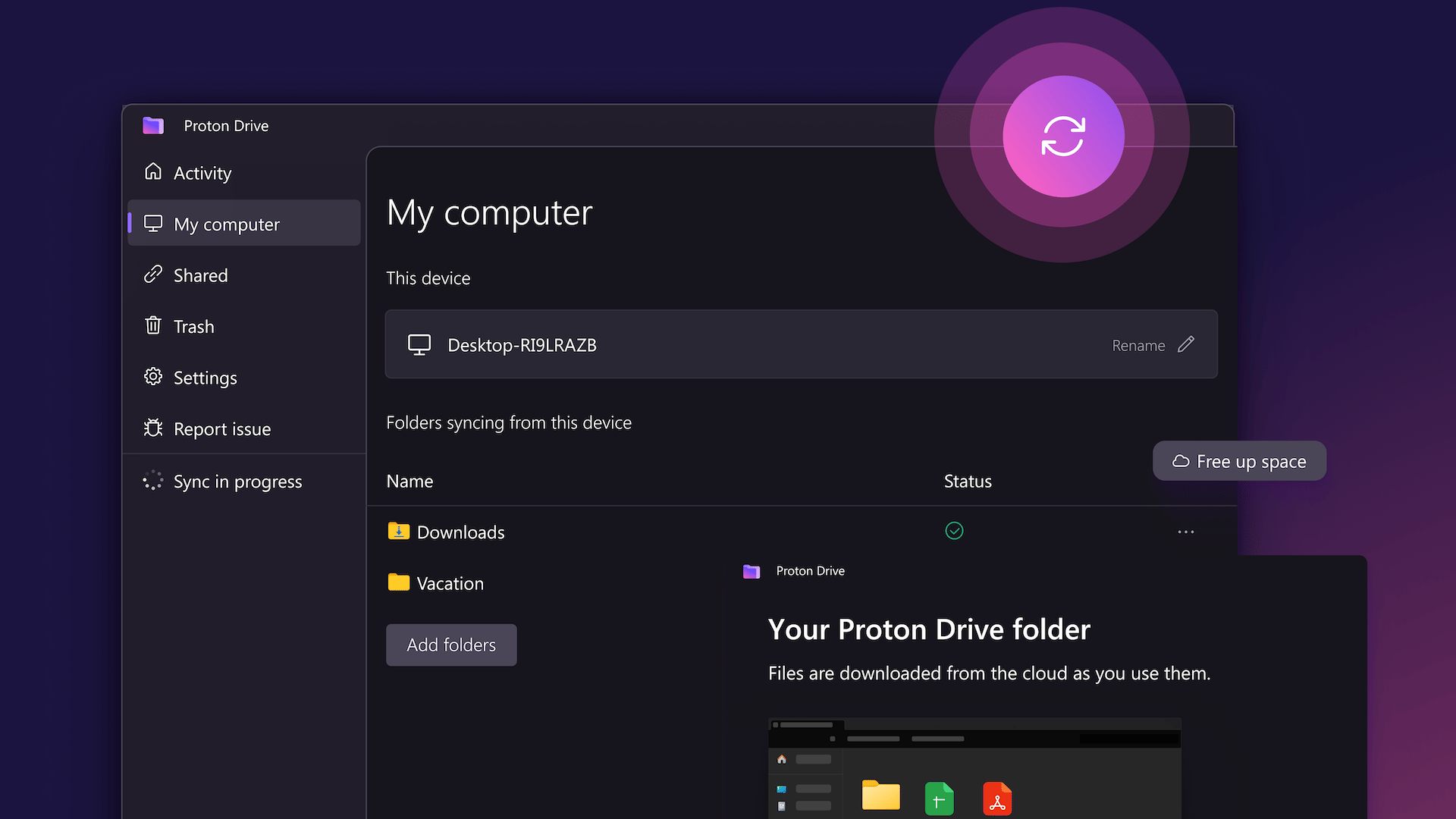 Proton Drive desktop mobile application showing encrypted cloud storage interface for privacy focused users