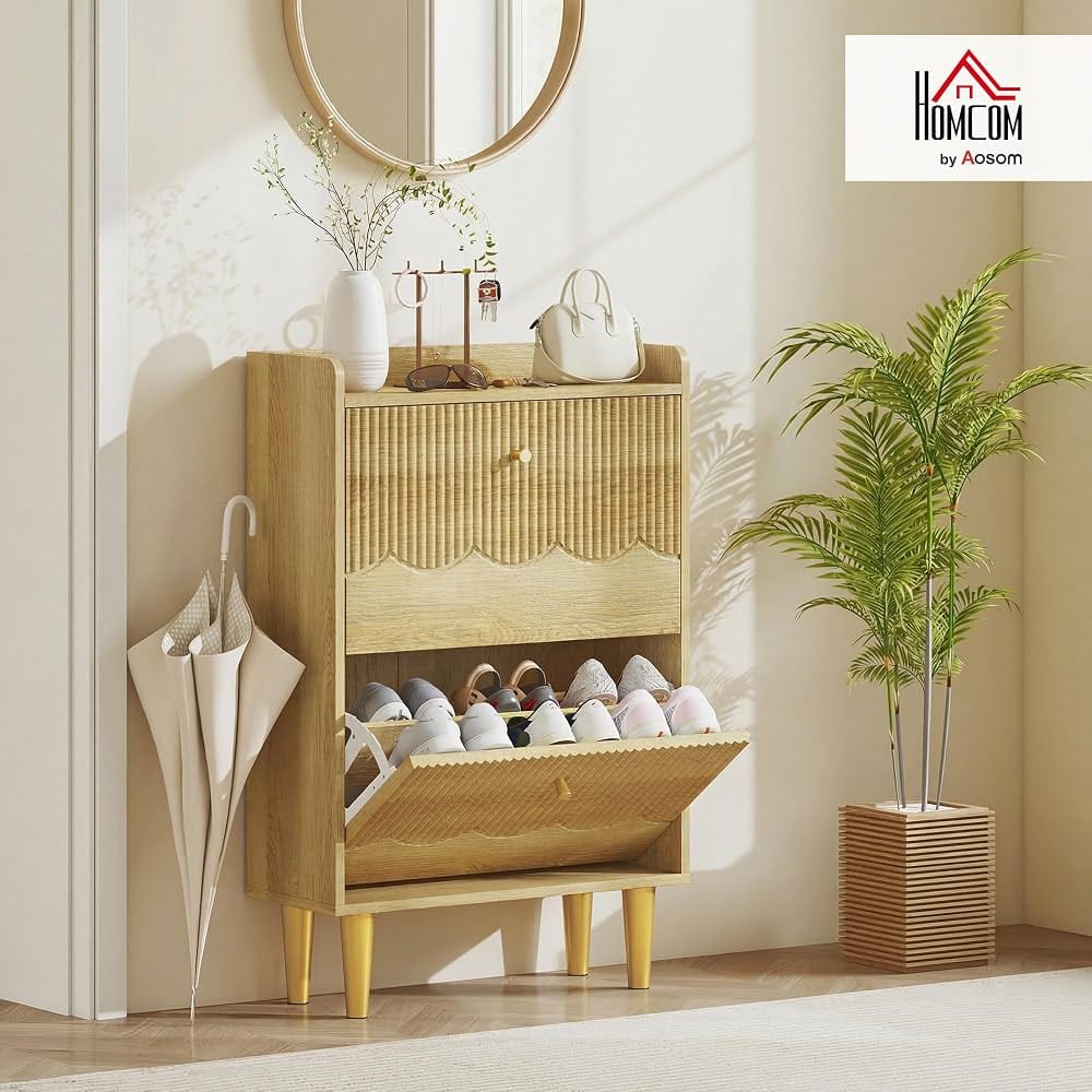 Homcom shoe cabinet with folding drawers and adjustable shelves in oak finish for hallway use
